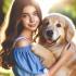 Creëer een fotorealistisch beeld van een Kaukasisch meisje met lang bruin haar, gekleed in een blauwe jurk, terwijl ze een grote donzige Golden Retriever-hond knuffelt in een zonovergoten park.